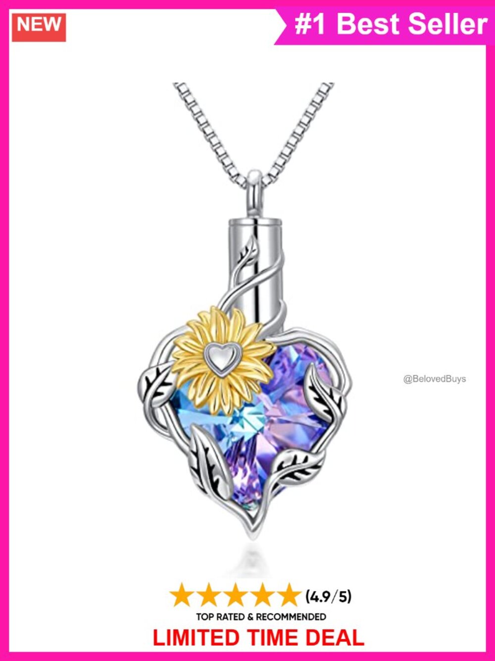 Sterling Silver Sunflower Urn Necklace Heart Crystal Cremation Jewelry Ashes